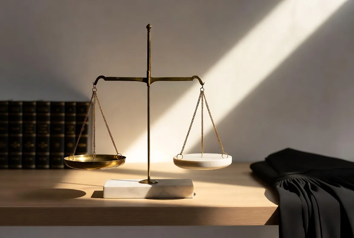 Balance de la justice sur un bureau d'avocat
