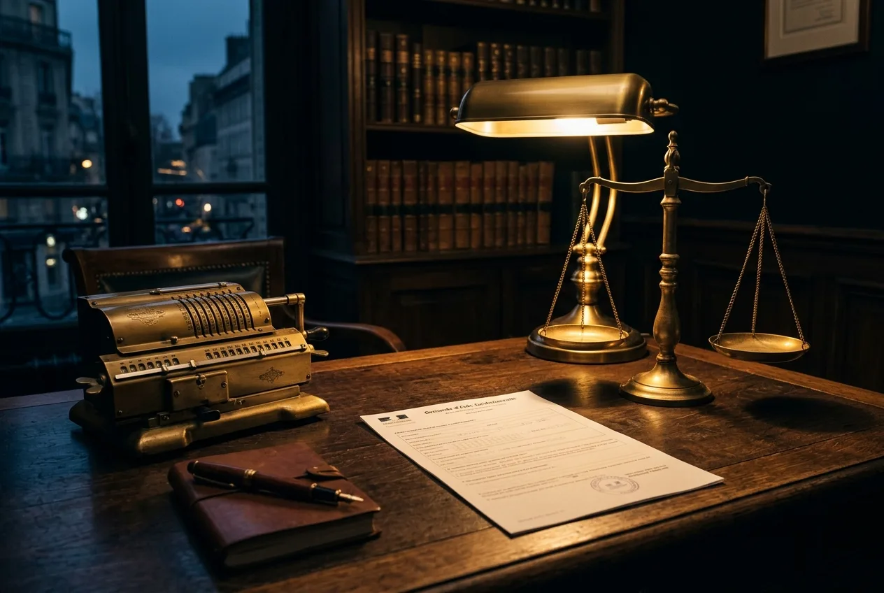 Simulateur d'aide juridictionnelle | bureau d'avocat, balance et calculatrice